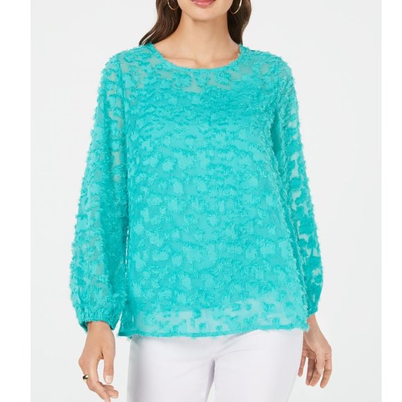 Alfani Tops - ALFANI Womens Green Textured Long Sleeve Jewel Neck Top